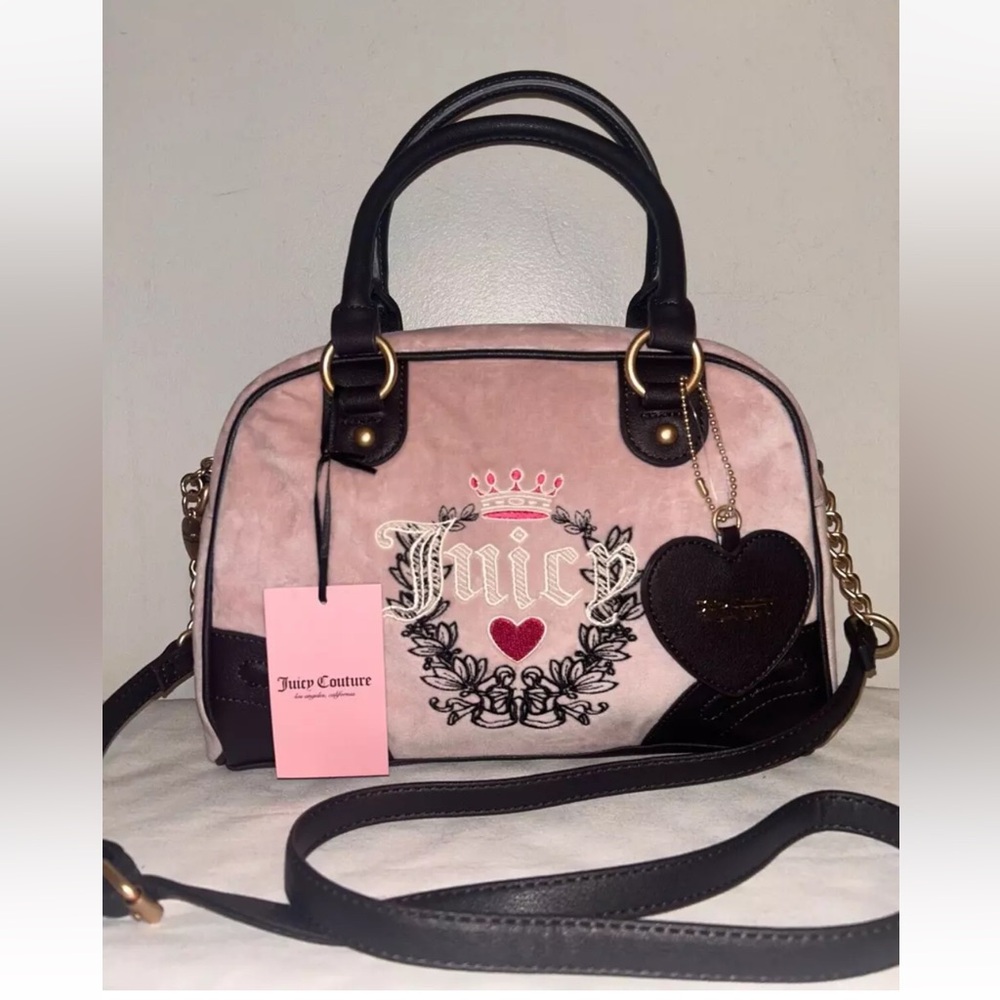 NEW! JUICY COUTURE Urban Heritage Bowler Velour Crossbody Bag Dusty Blush